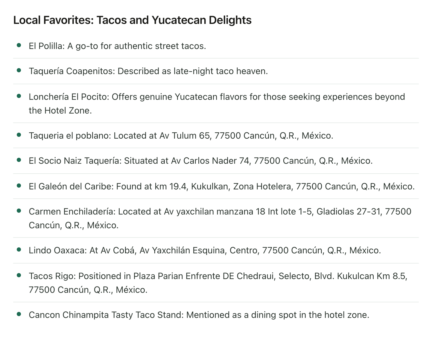 A list of Cancún restaurants pulled from saved videos: El Polilla, Taquería Coapenitos, Lonchería El Pocito and others, each with a short note or a full street address