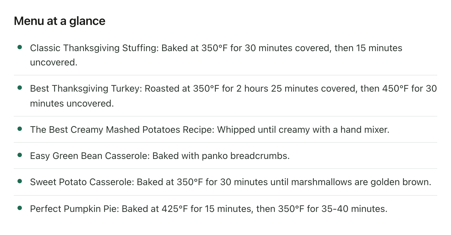 A menu summary from six saved Thanksgiving videos, one line per dish with its oven temperature and bake time: stuffing at 350F, turkey at 350F then 450F, mashed potatoes whipped with a hand mixer, green bean casserole baked with panko, sweet potato casserole at 350F for 30 minutes, pumpkin pie at 425F then 350F