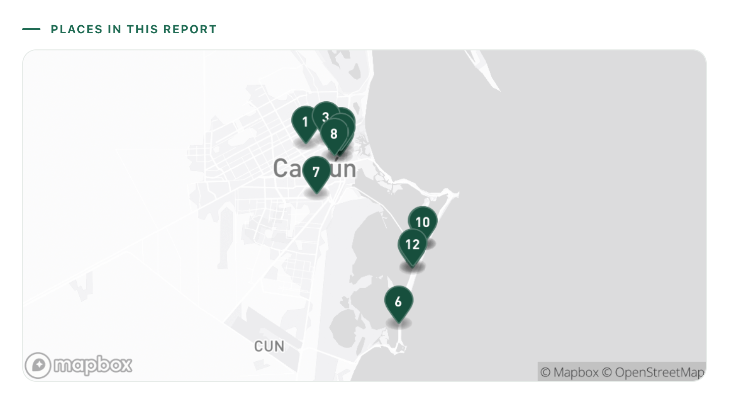 A map of Cancún with numbered green pins showing two separate clusters of saved restaurants, one downtown around Centro and one along the hotel zone strip