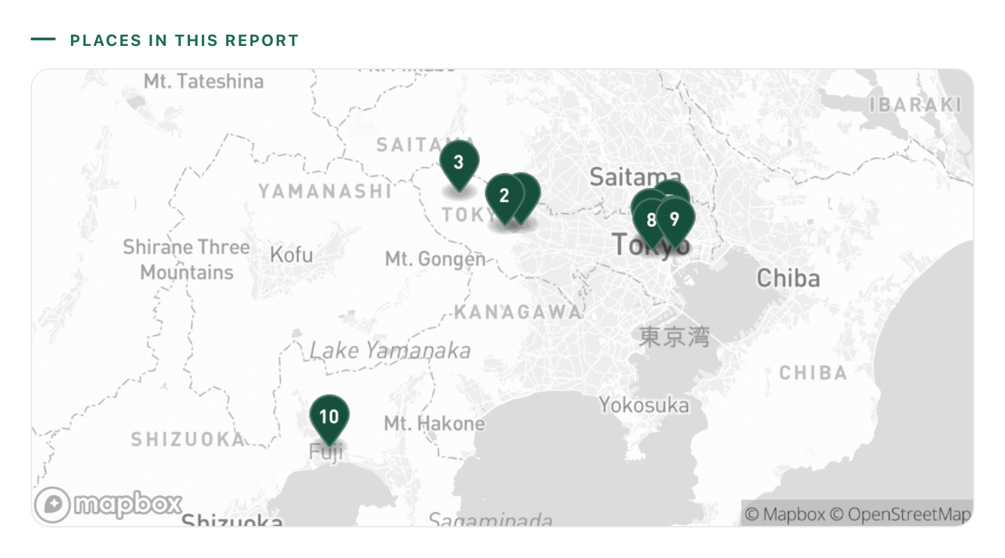 Every place from a batch of saved Tokyo videos plotted together on one map, numbered pins across the city